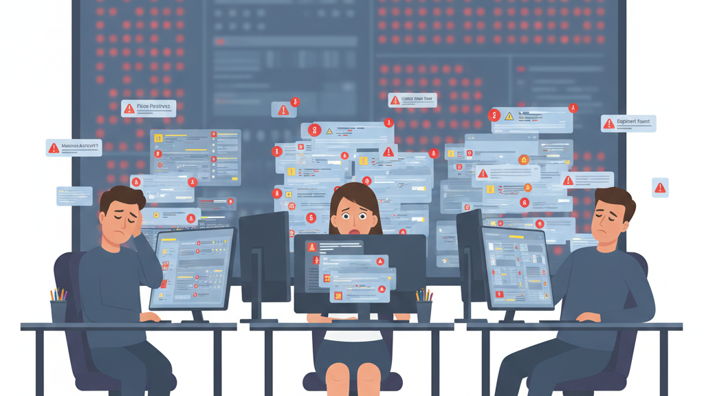 A 16:9 vector graphic showing three security analysts in a dark SOC environment struggling with a massive wall of red notifications. The image highlights the human impact of system overload, emphasizing the necessity of reducing alert fatigue SOC to prevent analyst burnout and missed malicious activity.
