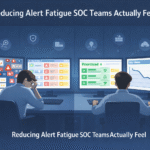 A flat vector illustration titled "From Alert Overload to Risk-Based Prioritization," demonstrating the process of reducing alert fatigue SOC. A chaotic dashboard on the left with red alerts flows through a central "Alert Triage" funnel, resulting in a clean, prioritized view of critical security events on the right.