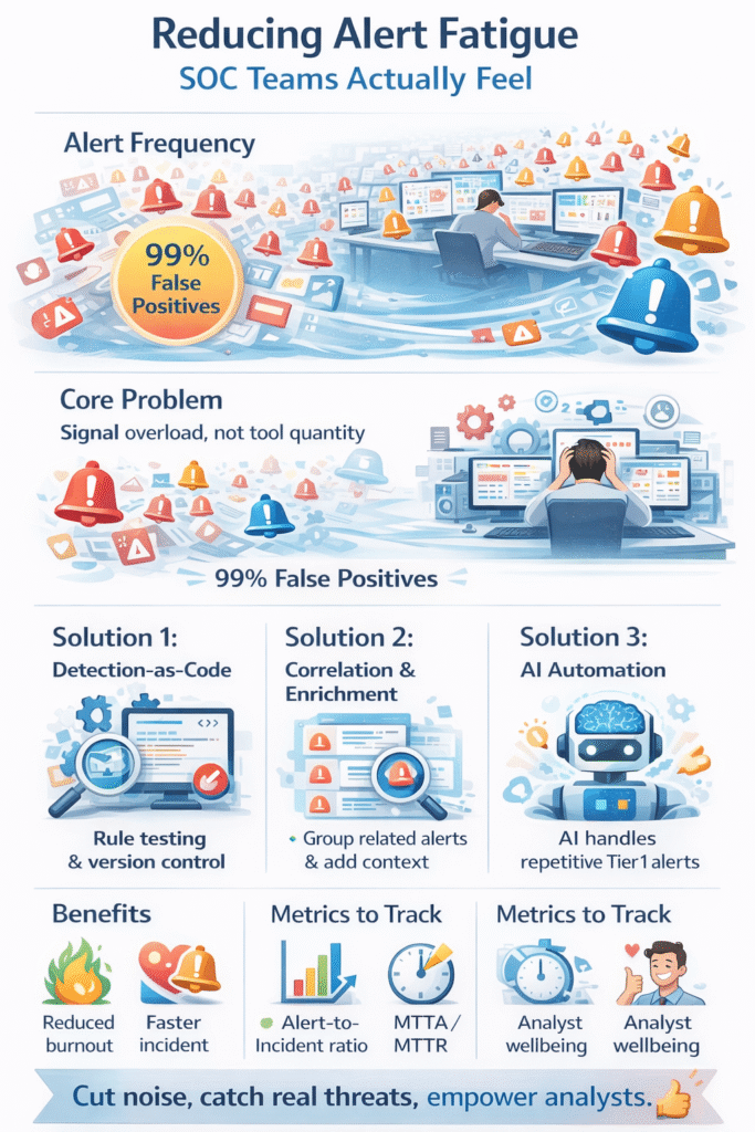 A modern SOC flat vector illustration showing the contrast between chaotic security alert noise and organized, high-confidence triage. Headline text reads "Reducing Alert Fatigue SOC Teams Actually Feel," featuring icons for threat intelligence, cloud security, and automated forensics.