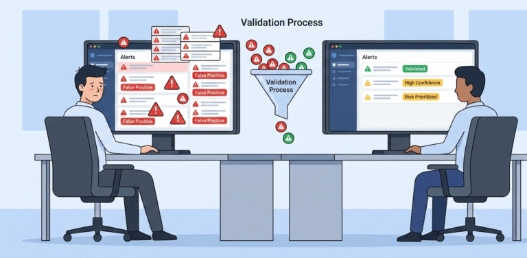 A flowchart illustrating common security alert validation techniques, including cross-referencing log data, checking threat intelligence feeds, and performing behavioral analysis to confirm a breach.
