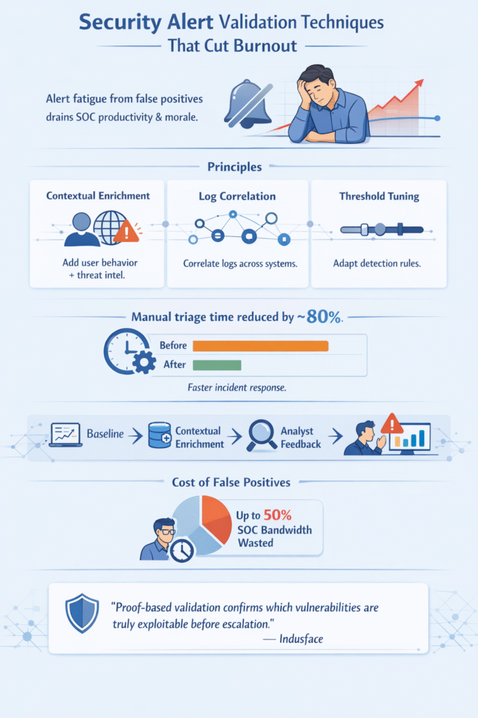 Infographic titled 'Best Practices' showing three key security alert validation techniques: automated playbook execution, manual packet inspection, and endpoint telemetry verification.