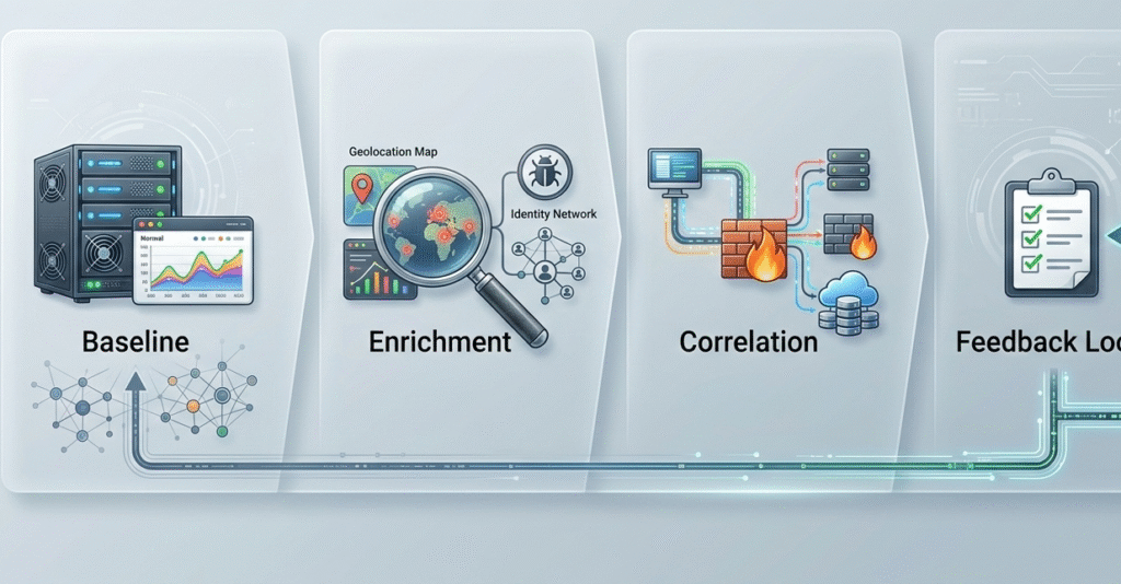 Screenshot of a security information and event management (SIEM) interface highlighting a dropdown menu of security alert validation techniques used to triage incoming network threats.
