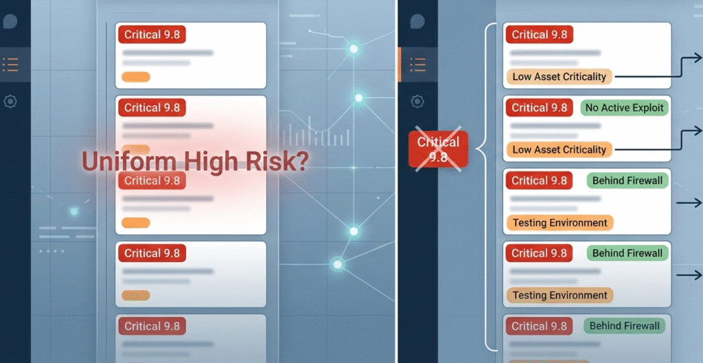 A conceptual split-screen vector graphic titled "Severity Alone Isn’t Risk." The left side illustrates flawed logic where multiple alerts are identically labeled "Critical 9.8." The right side shows the same alerts transformed through risk based alert prioritization, now featuring context labels like "Behind Firewall" and "Low Asset Criticality" to differentiate true business risk from technical severity.