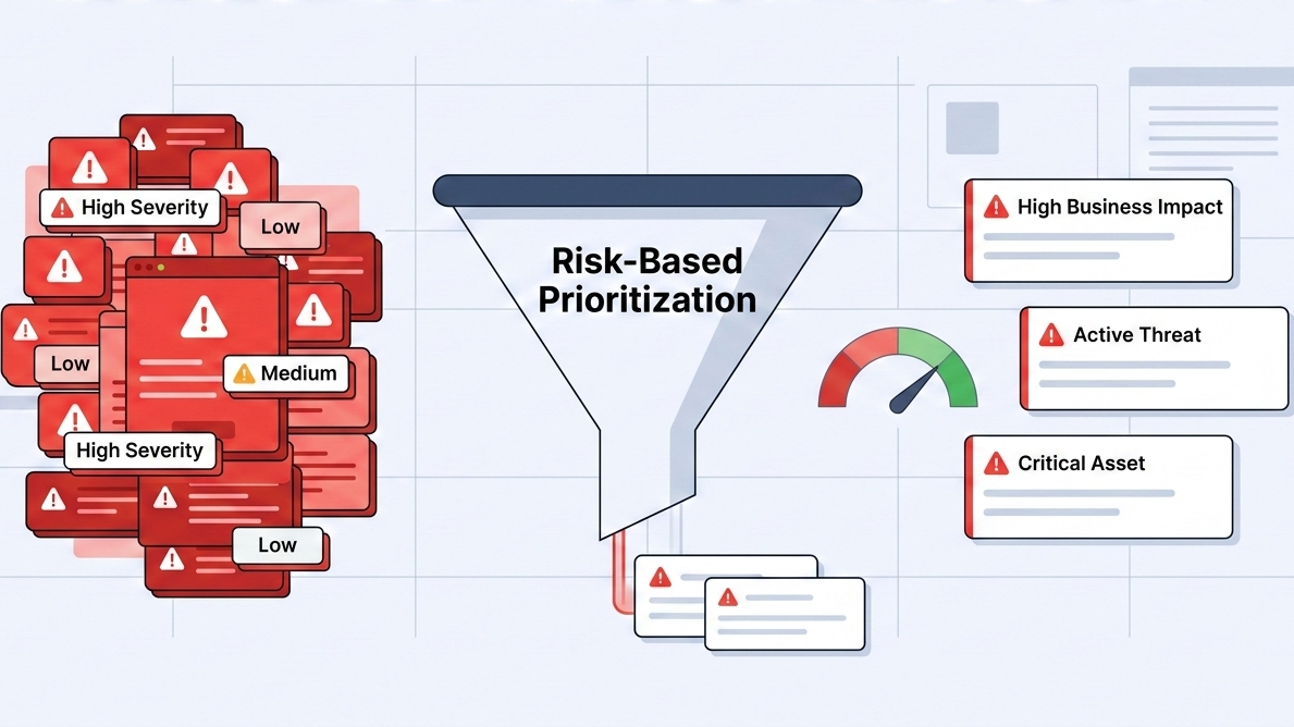A 16:9 flat vector illustration demonstrating risk based alert prioritization in a Security Operations Center. The left side shows a chaotic cluster of generic "High Severity" red alerts. A central funnel labeled "Risk-Based Prioritization" filters this noise into the right side, which displays only a few high-impact cards such as "Active Threat" and "Critical Asset," accompanied by a risk meter shifting from red to green.