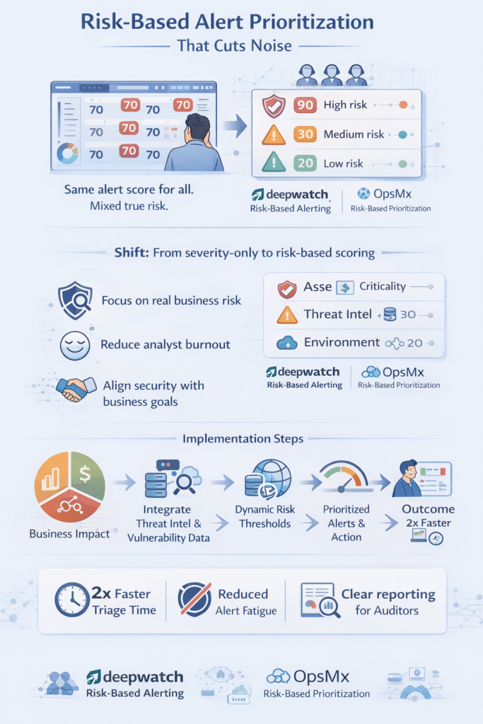 A modern flat vector dashboard illustration showing the transition from cluttered security notifications to streamlined, risk based alert prioritization. The image features a visual funnel that filters a high volume of generic severity alerts into a prioritized list of critical business threats, emphasizing clarity and noise reduction in a SOC environment.