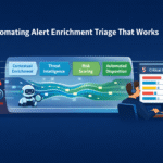 A clean split-screen diagram demonstrating the process of automating alert enrichment triage, where a basic PowerShell alert is injected with threat intelligence and user identity data to create a high-risk, context-rich incident report.