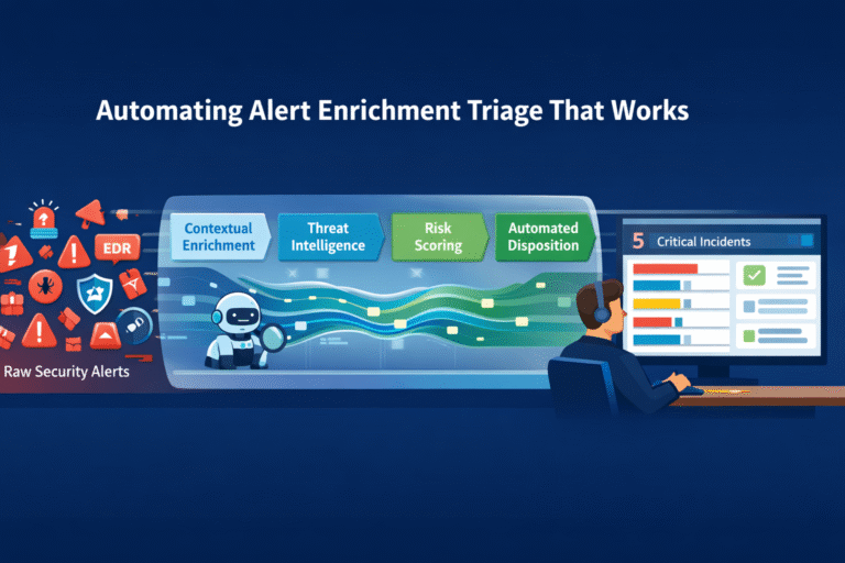 A clean split-screen diagram demonstrating the process of automating alert enrichment triage, where a basic PowerShell alert is injected with threat intelligence and user identity data to create a high-risk, context-rich incident report.