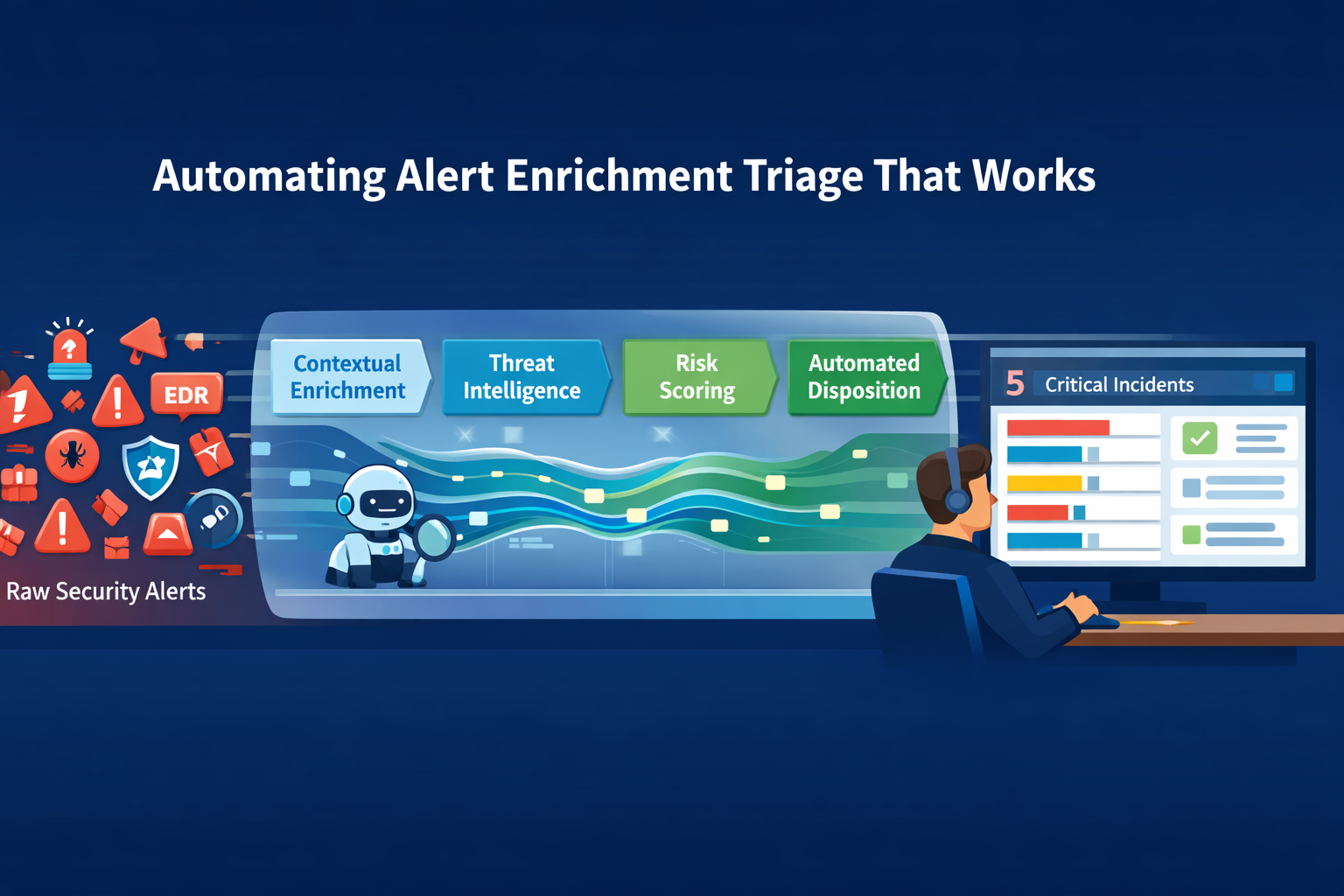 A clean split-screen diagram demonstrating the process of automating alert enrichment triage, where a basic PowerShell alert is injected with threat intelligence and user identity data to create a high-risk, context-rich incident report.