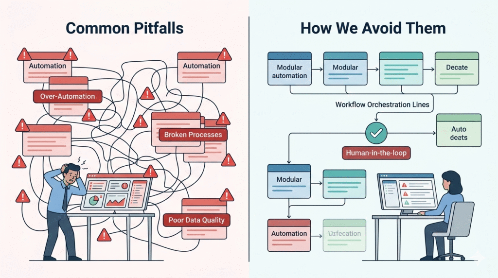 A flat vector comparison showing the difference between broken security processes and a successful framework for automating alert enrichment triage that utilizes modular blocks and human-in-the-loop checkpoints.