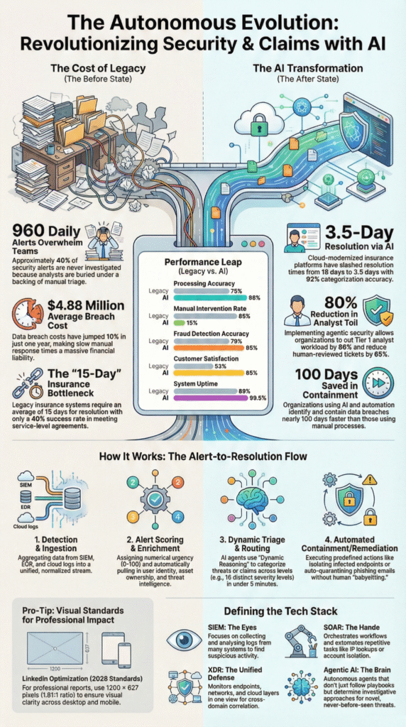 A modern SOC automation infographic highlighting how automating alert enrichment triage uses AI agents to score and normalize raw security data, significantly reducing alert fatigue for managed security service providers.