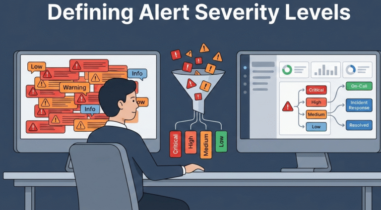 A split-screen vector illustration defining alert severity levels, contrasting a chaotic workspace filled with unorganized red notifications against a structured dashboard where alerts are neatly filtered and routed to on-call teams.