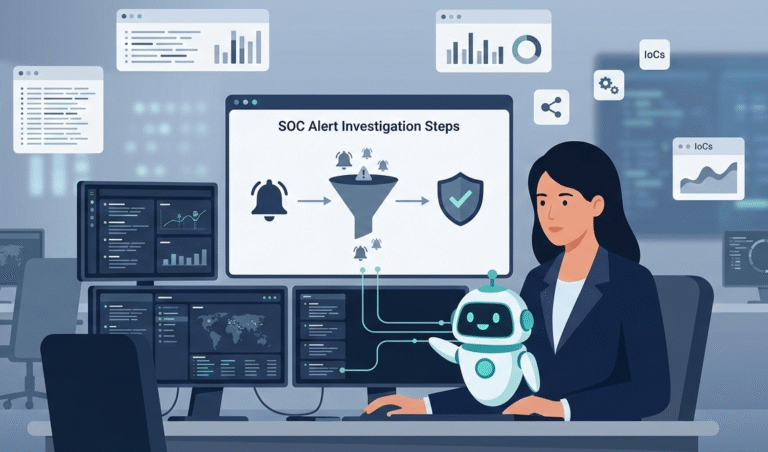 A 2D flat vector illustration of a focused professional performing soc analyst alert investigation steps at a modern workstation. The scene features a central dashboard with a noise-reduction funnel, a checkmarked shield for validated threats, and a friendly AI assistant helping the analyst triage alerts in a calm, blue-toned SOC environment.