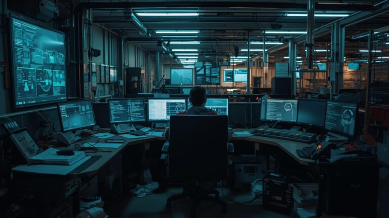 Security analyst monitoring managed ot security monitoring service dashboards in industrial control center