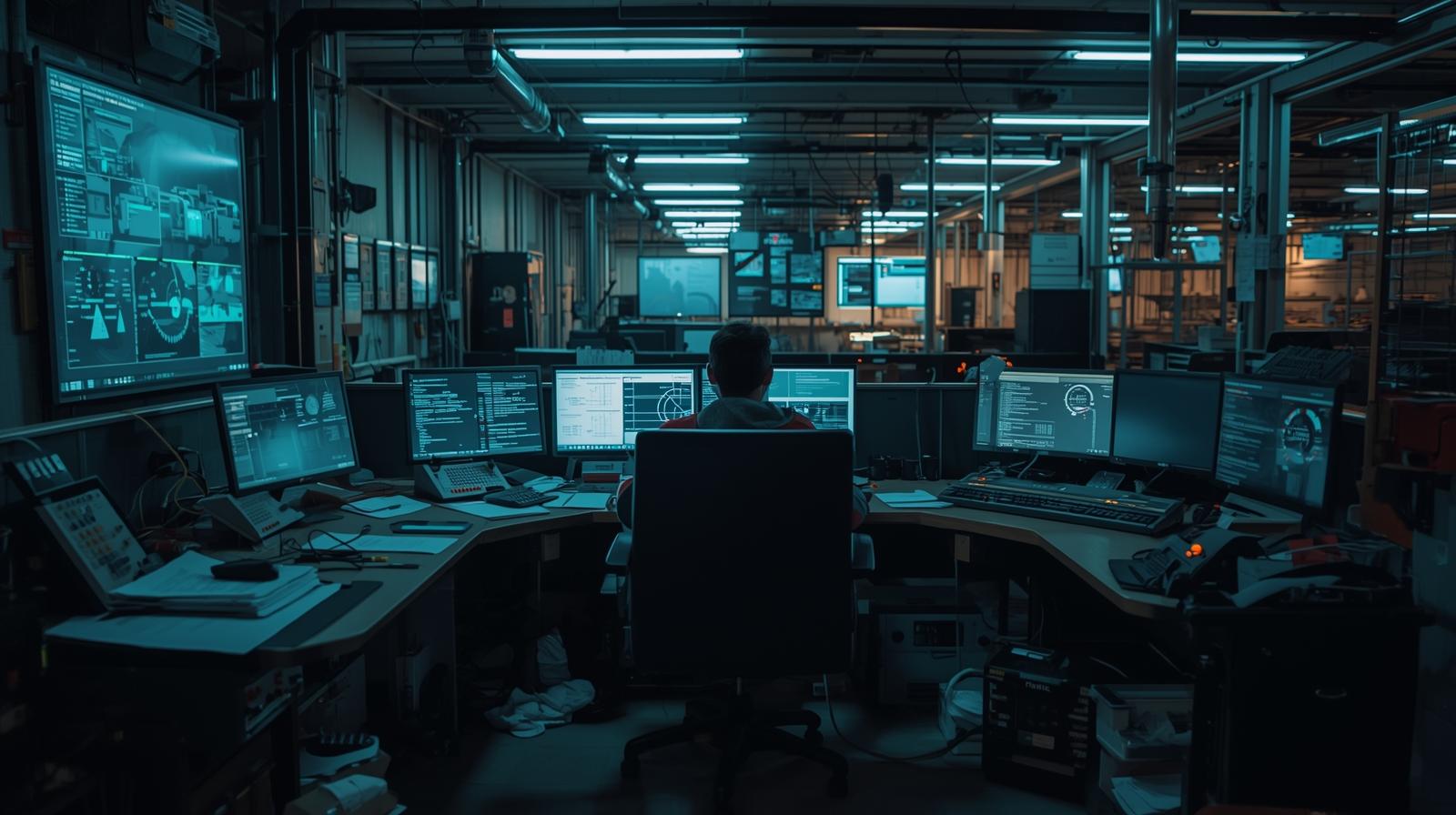 Security analyst monitoring managed ot security monitoring service dashboards in industrial control center