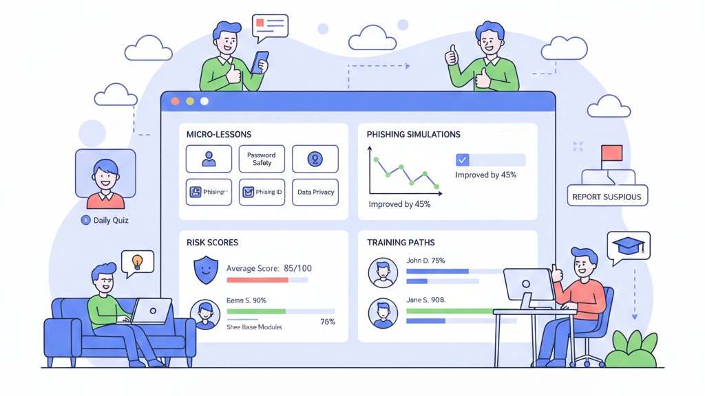 Managed security awareness training program illustrating automated training schedules and real time security reporting