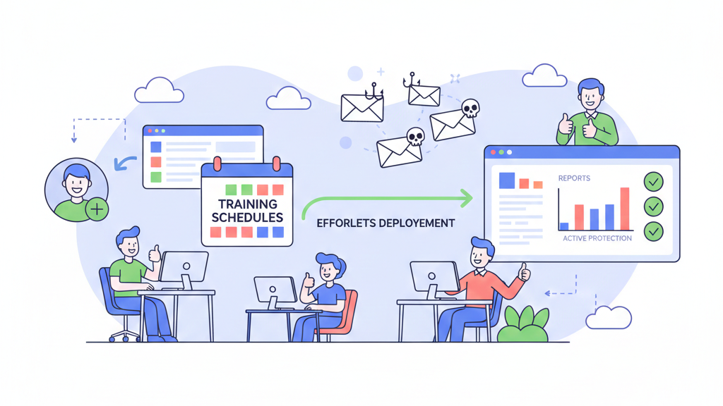Managed security awareness training program dashboard with micro lessons, risk scores, and phishing simulation progress