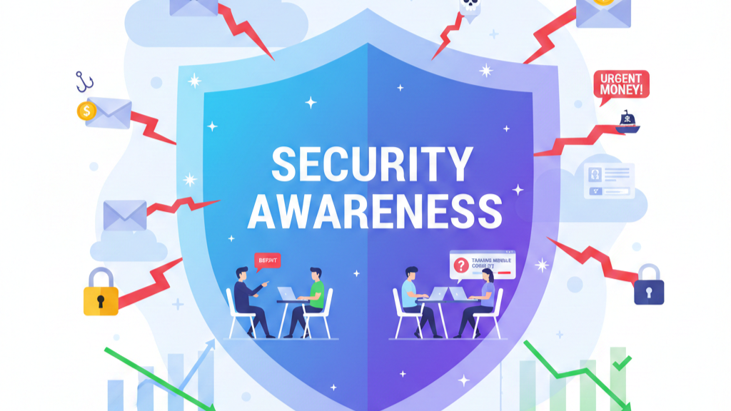 Managed security awareness training program visualizing staff defending against phishing emails and cyber threats