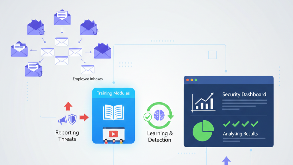 Outsourced phishing simulation training workflow with phishing emails, learning modules, detection, and performance reporting