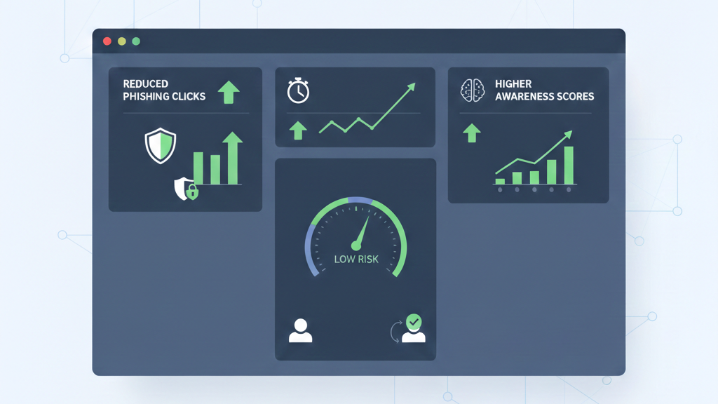 Outsourced phishing simulation training dashboard tracking click reduction, awareness growth, and lower employee risk levels