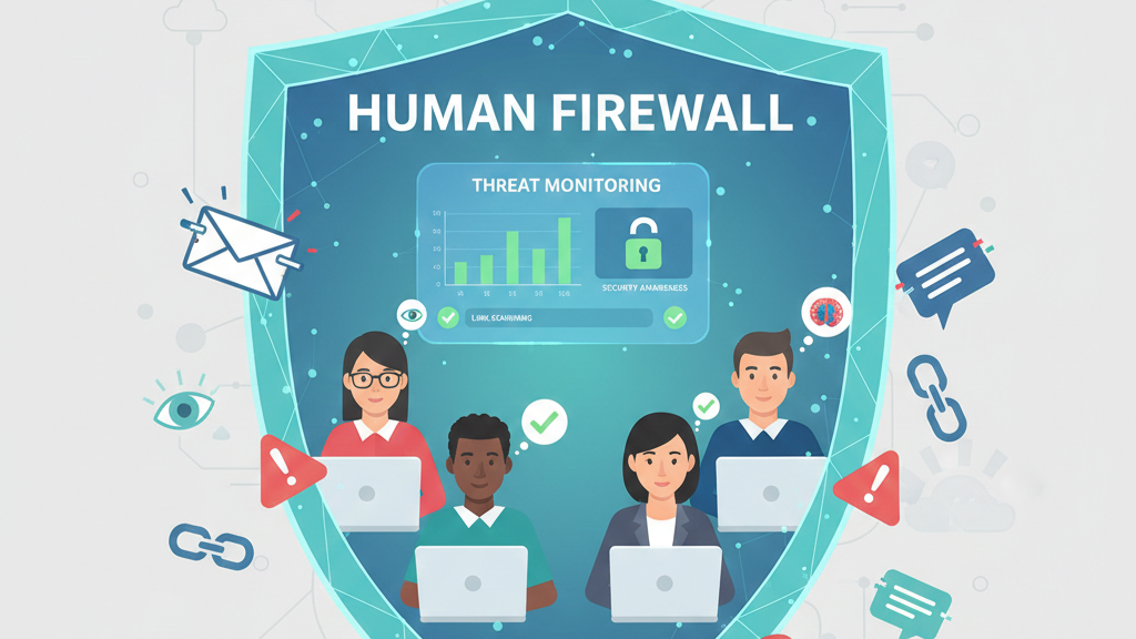 Outsourced phishing simulation training visual of teams protected by human firewall against phishing threats and malicious links