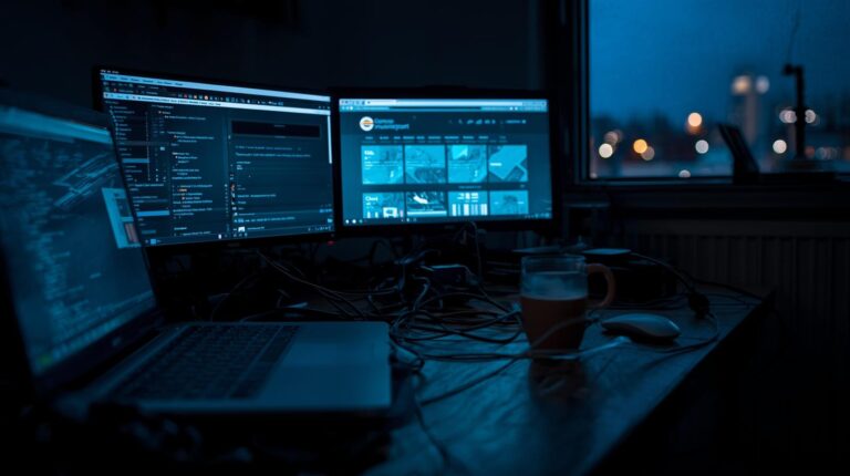 Multiple monitors displaying outsourced web application security dashboards and analytics at night workspace
