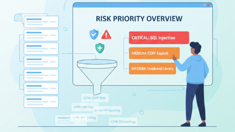 Prioritizing pen test finding remediation process showing risk review, fixes in progress, and improved security posture