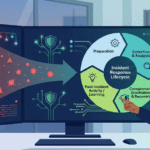 A 2D flat vector illustration of a modern SOC environment where a confident analyst monitors a security incident investigation process. On the left, chaotic red threat icons transition into a structured, four-phase lifecycle wheel on a large monitor, featuring deep navy and teal accents.