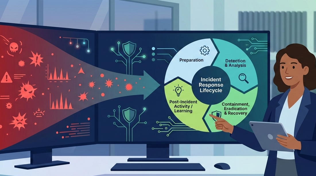 A 2D flat vector illustration of a modern SOC environment where a confident analyst monitors a security incident investigation process. On the left, chaotic red threat icons transition into a structured, four-phase lifecycle wheel on a large monitor, featuring deep navy and teal accents.