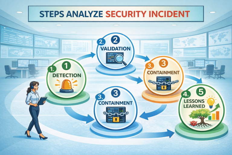 Infographic illustrating five steps analyze security incident, including detection and root cause.