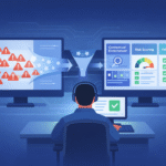 A flat vector illustration of a SOC analyst at a minimalist workstation. The left monitor shows a chaotic influx of red threat icons, which pass through a central "Alert Processing Pipeline" to the right monitor. This visualization of using threat intelligence triage shows raw data being transformed into organized blocks labeled "Contextual Enrichment," "Risk Scoring," and "Validated Alerts."