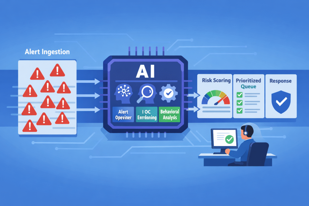 Modern vector scene depicting a cybersecurity data flow. A digital pipeline connects a screen of disorganized red alerts to a screen of validated green notifications. The illustration emphasizes the steps of using threat intelligence triage, including risk scoring and contextual enrichment, to maintain a focused and controlled Security Operations Center environment.