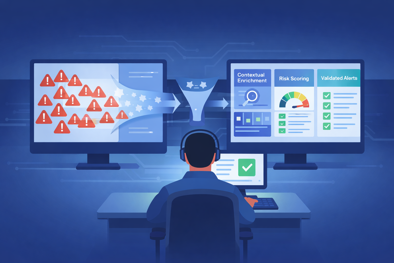 A flat vector illustration of a SOC analyst at a minimalist workstation. The left monitor shows a chaotic influx of red threat icons, which pass through a central "Alert Processing Pipeline" to the right monitor. This visualization of using threat intelligence triage shows raw data being transformed into organized blocks labeled "Contextual Enrichment," "Risk Scoring," and "Validated Alerts."
