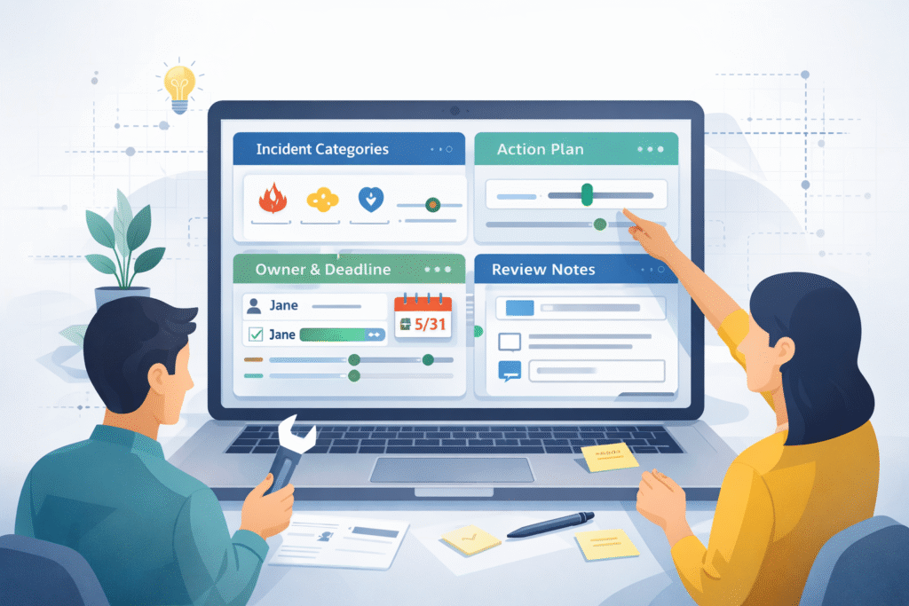 A high-angle view of a professional workspace focusing on an incident analysis reporting template that transforms complex data into clear action items.