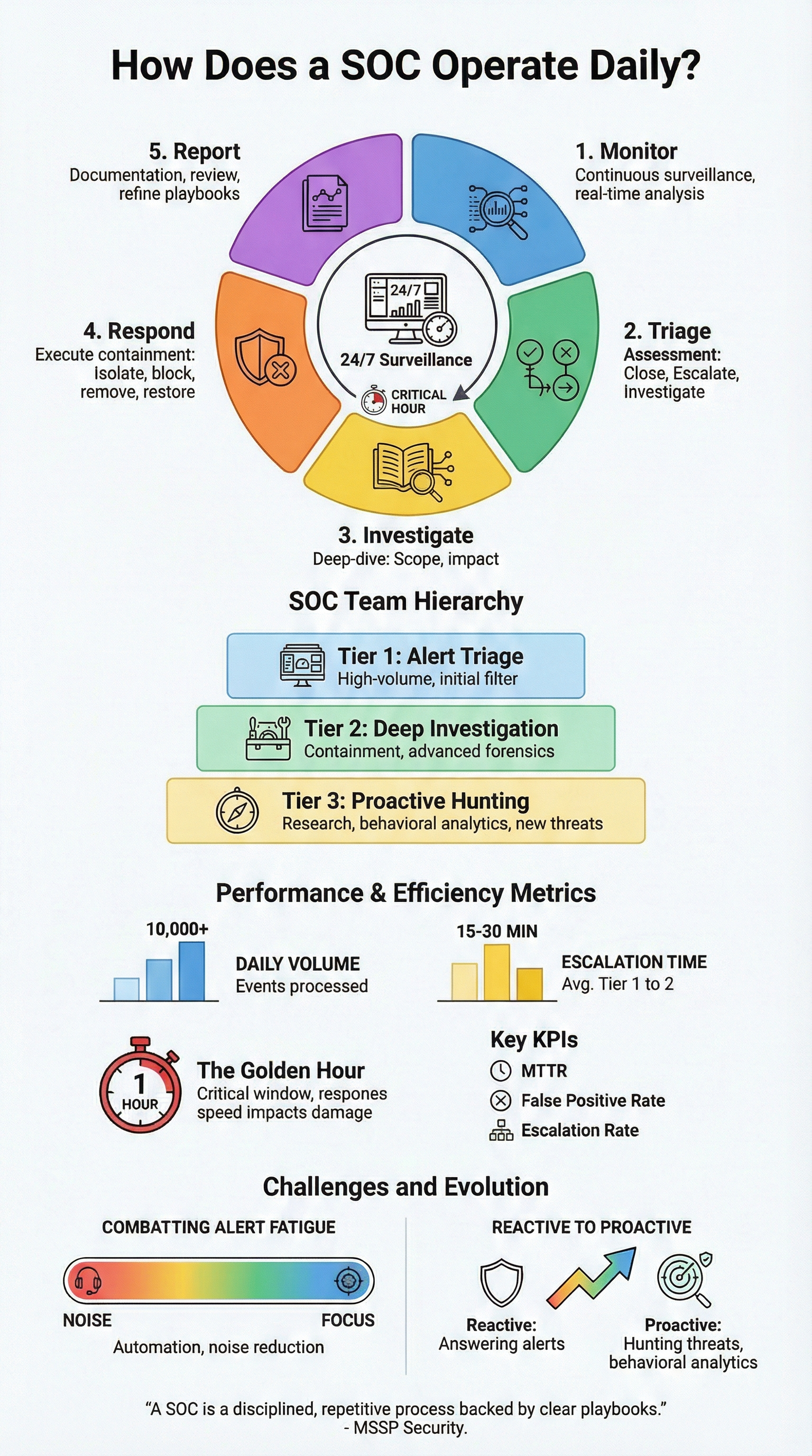 How does a SOC operate daily infographic showing workflow phases, team tiers, and key security metrics