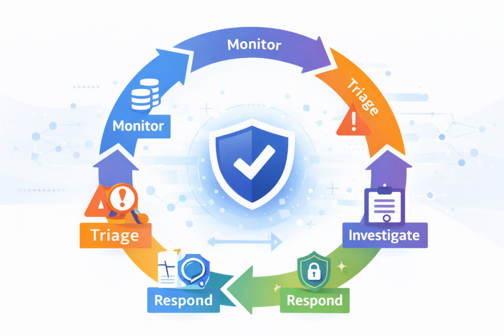 How does a SOC operate daily through a continuous cycle of monitor, triage, investigate, and respond