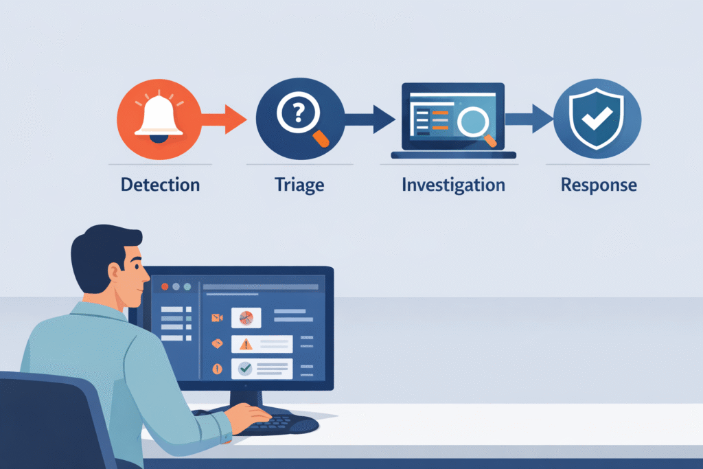 Optimizing Security Operations Workflow diagram showing detection, triage, investigation, and response stages in SOC process.