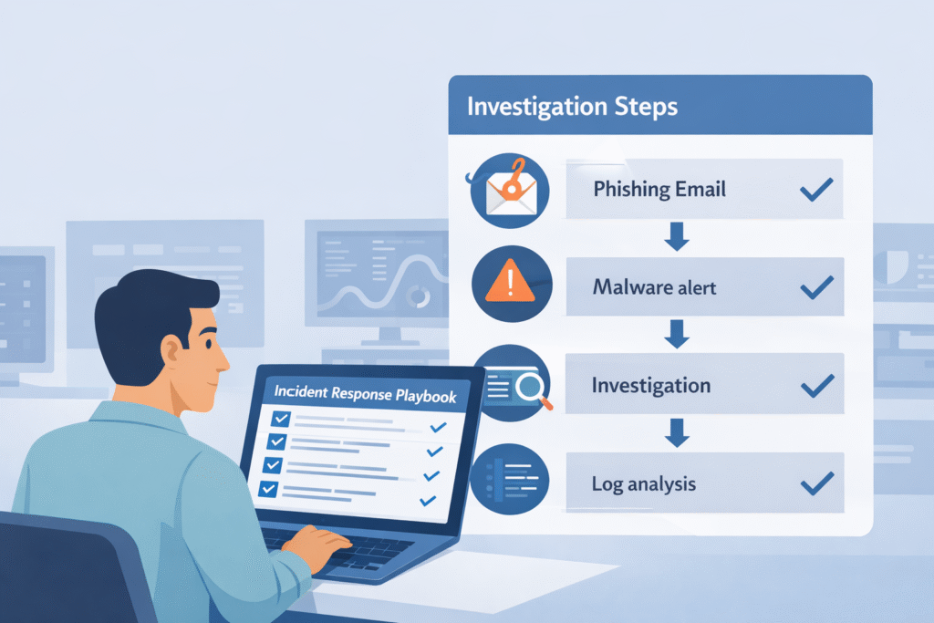 Optimizing Security Operations Workflow illustration showing analyst using incident response playbook and investigation checklist.