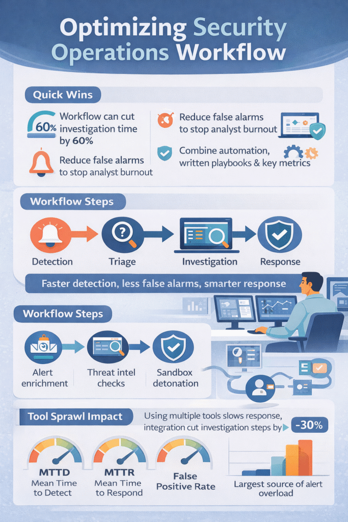 Optimizing Security Operations Workflow infographic showing SOC workflow steps, automation benefits, and key security metrics.