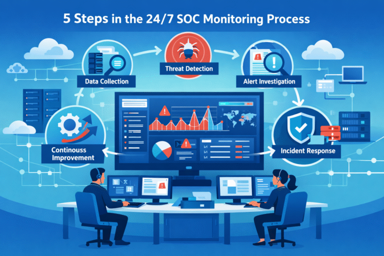 Security operations center team reviewing incident alerts in a 24/7 SOC monitoring process environment