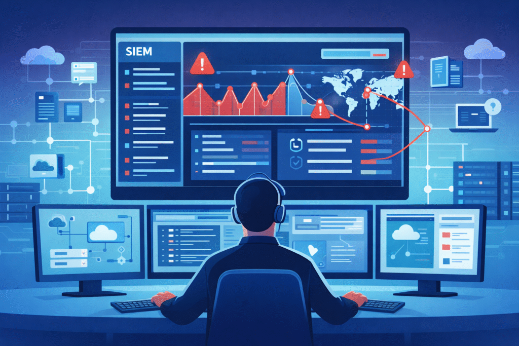 SIEM dashboard monitoring network logs and alerts as part of a real 24/7 SOC monitoring process