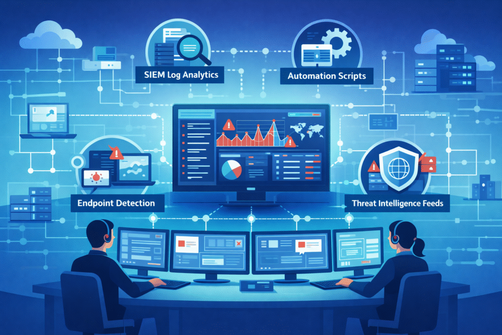 SIEM dashboard monitoring network logs and alerts as part of a real 24/7 SOC monitoring process