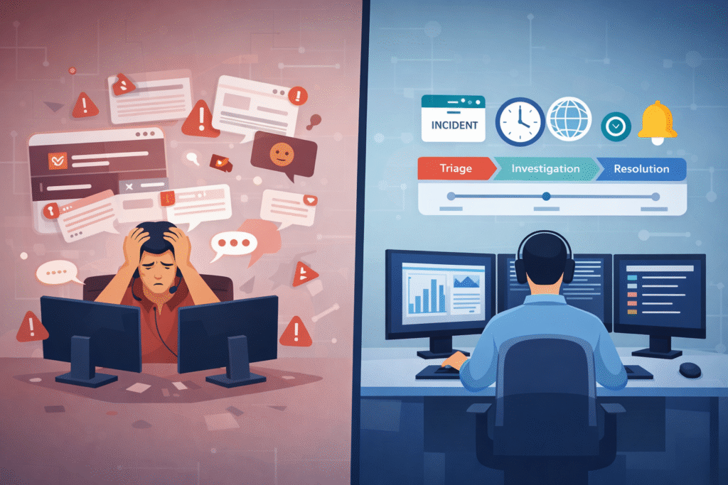 security incident lifecycle SOC split scene showing alert chaos vs organized workflow
