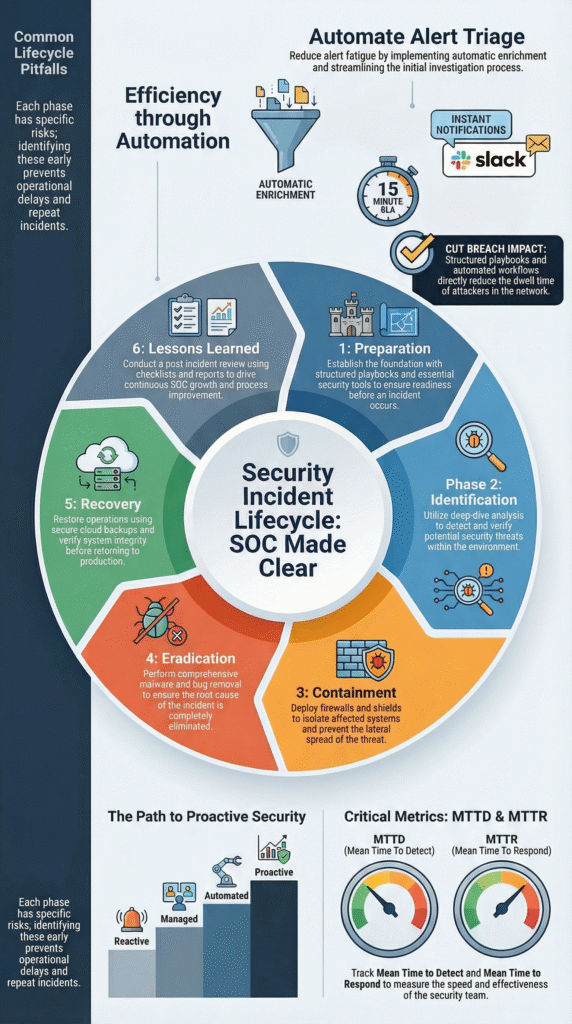 security incident lifecycle SOC infographic showing phases, metrics, and automation insights