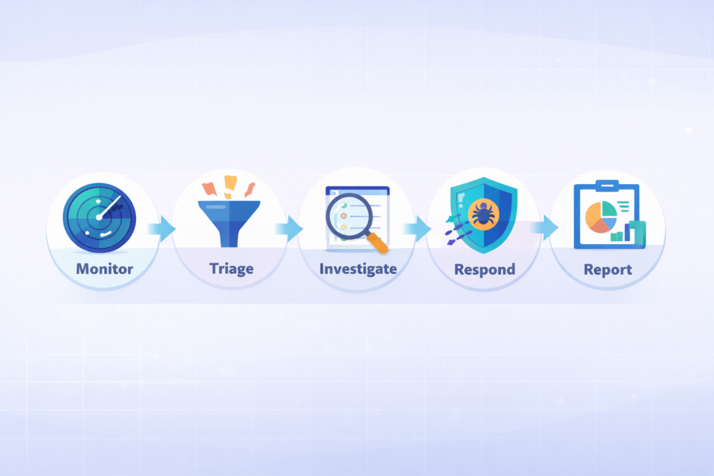 Typical SOC Workflow Steps Explained in a horizontal SOC workflow from monitoring to reporting phases