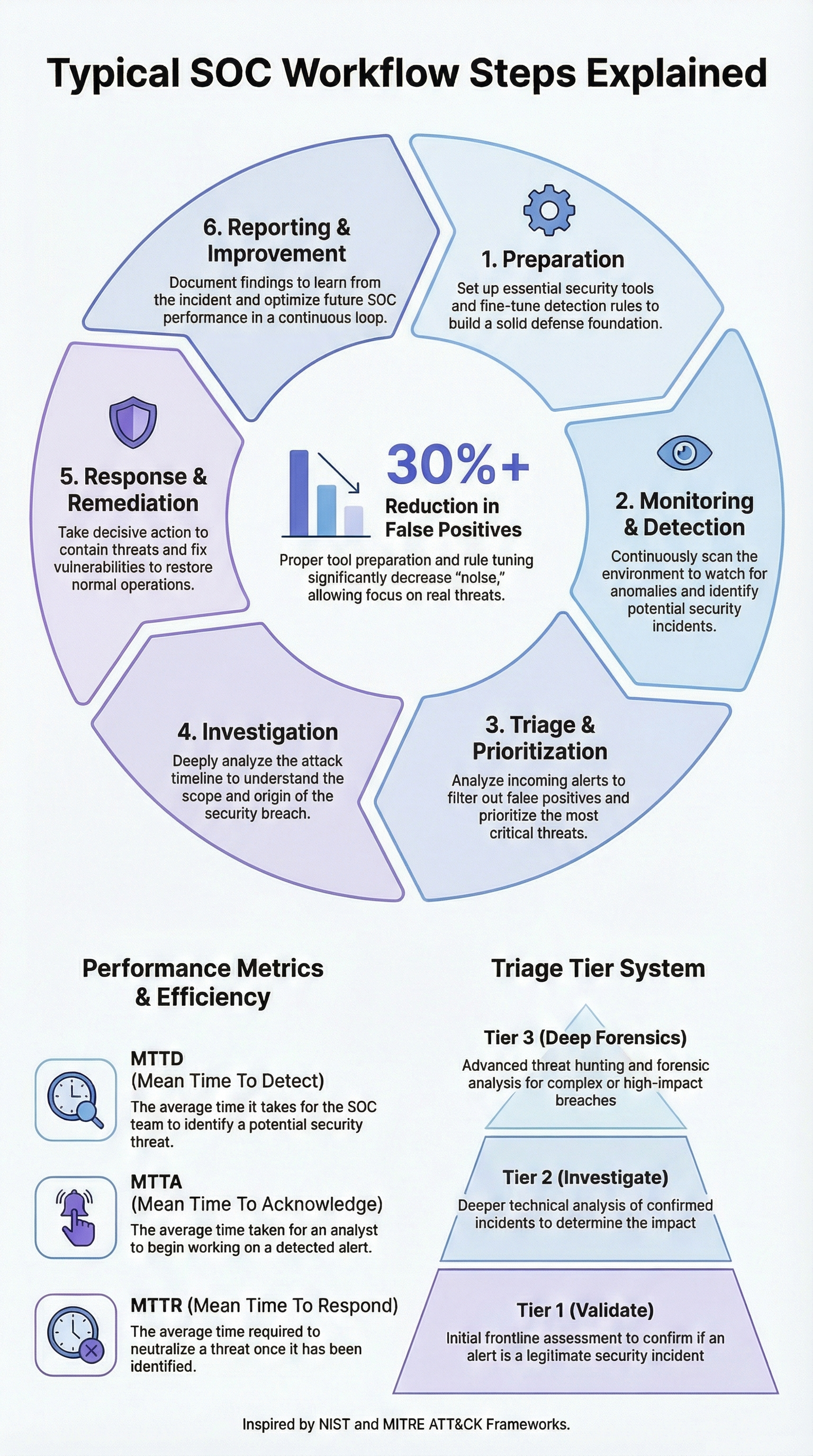 Typical SOC Workflow Steps Explained showing full SOC lifecycle with workflow stages and tiered analysis