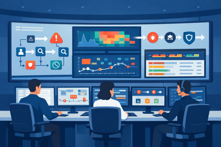 Visualizing SOC Monitoring Workflow with analysts tracking alerts, threat heatmaps, and investigation timelines in a SOC.