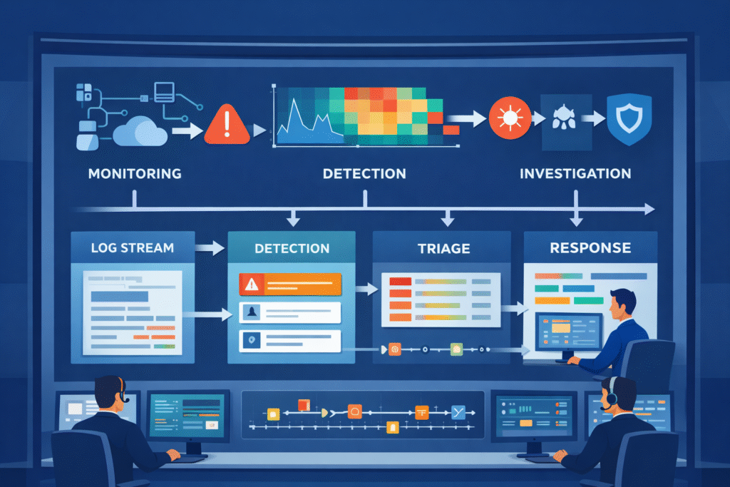 Visualizing SOC Monitoring Workflow with analysts reviewing dashboards, alerts, and threat detection stages in a SOC control room.