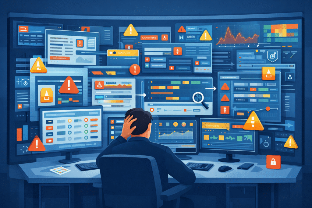 Visualizing SOC Monitoring Workflow showing alert overload and cluttered security dashboards causing analyst confusion.