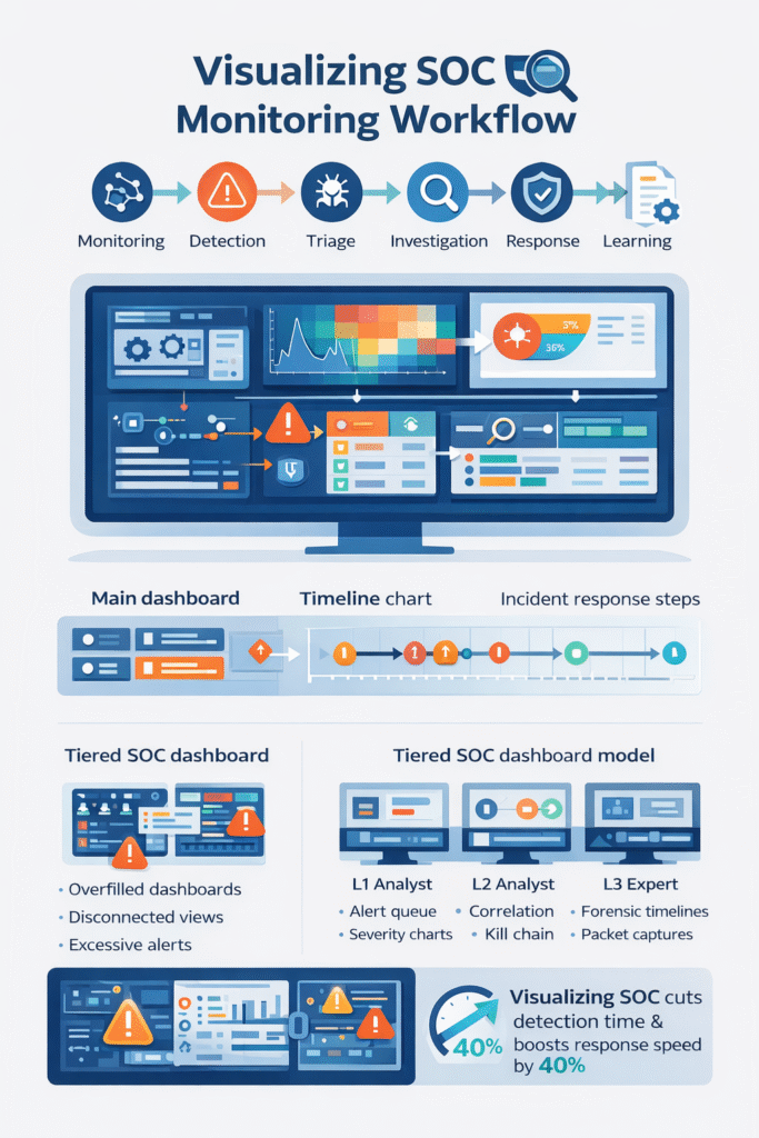Visualizing SOC Monitoring Workflow diagram showing monitoring, detection, triage, investigation, response, and learning stages.