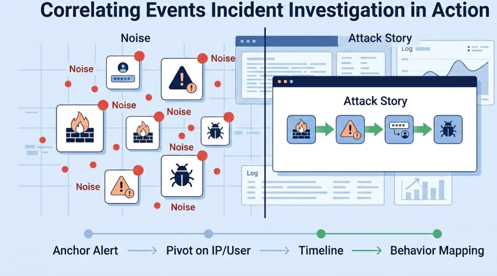 A split-screen cybersecurity graphic comparing scattered red "Noise" alerts on the left with a structured green "Attack Story" on the right, highlighting the value of correlating events incident investigation.